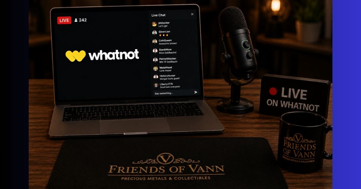 Friends of Vann Whatnot livestream setup featuring a laptop, microphone, live chat screen, and branded desk mat.