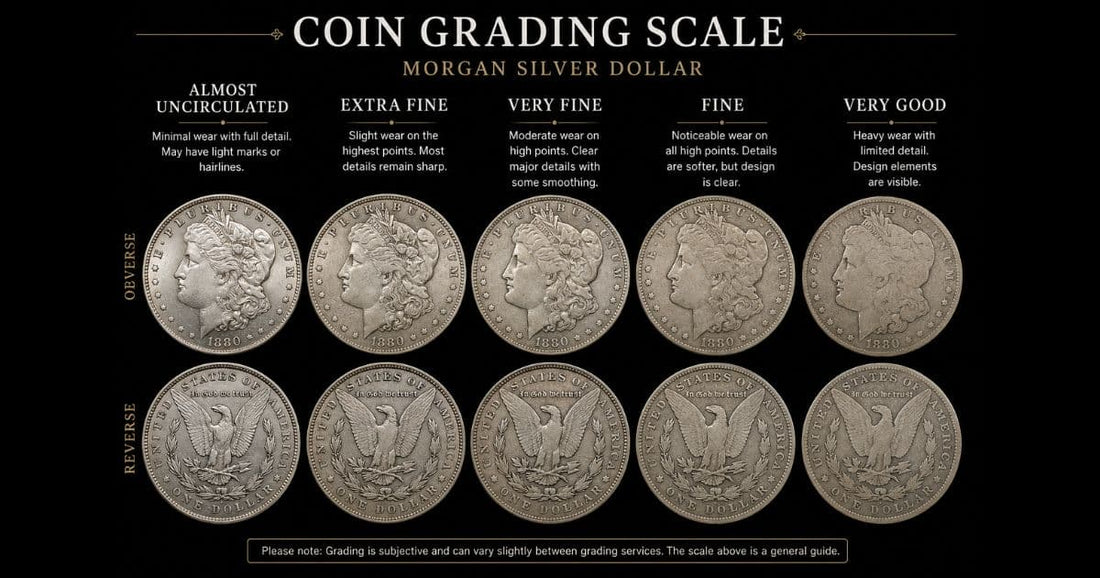 Coin grading scale showing Morgan Silver Dollar examples in Almost Uncirculated, Extra Fine, Very Fine, Fine, and Very Good conditions.