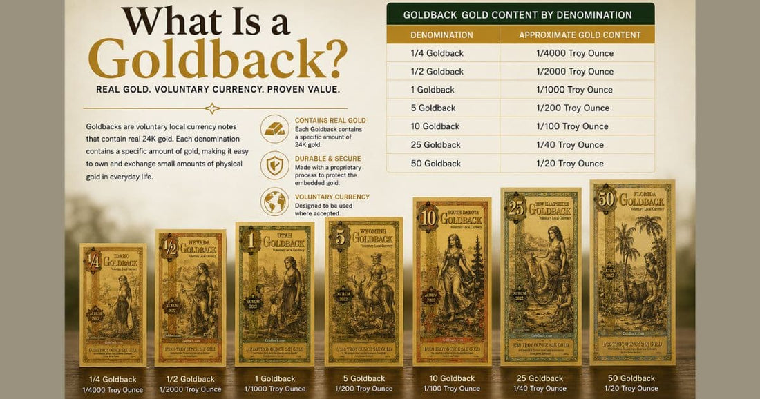 A picture featuring the different amounts of Goldbacks