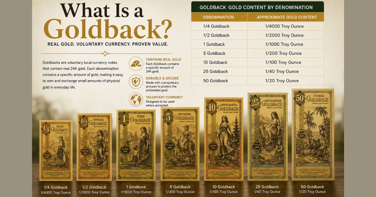 A picture featuring the different amounts of Goldbacks