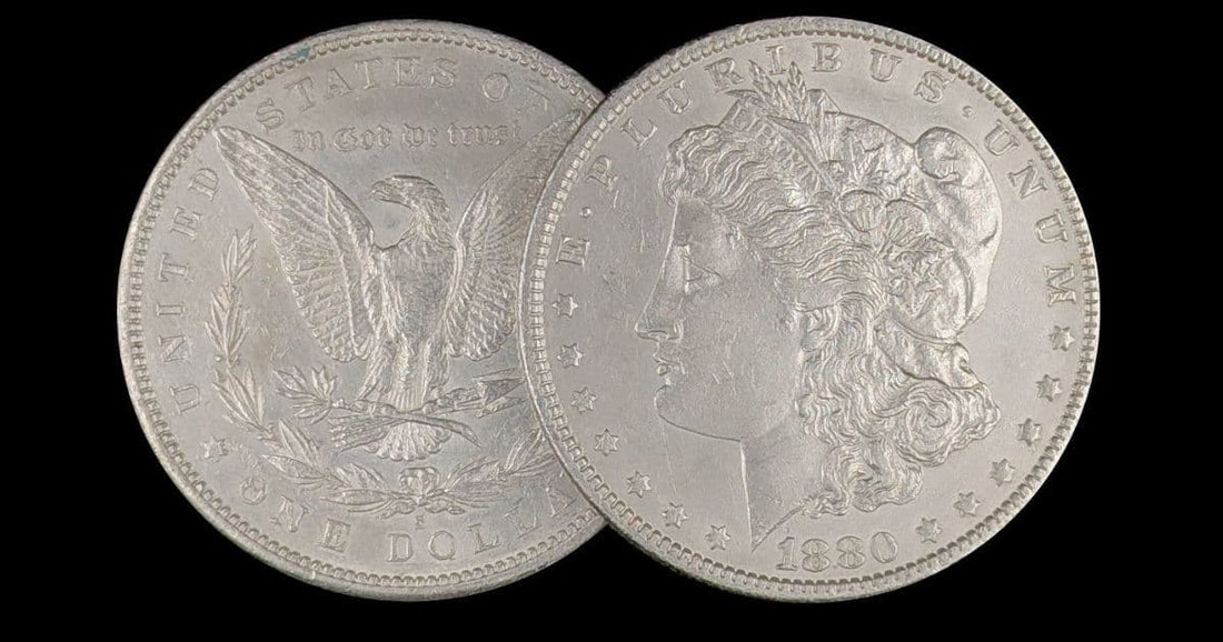 Front and back of a morgan silver dollar on a black background