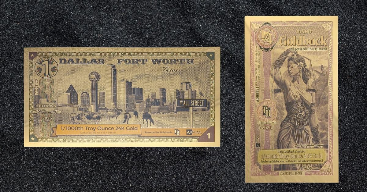 Front and back views of Goldback gold notes featuring a Texas 1 Goldback reverse design and an Idaho 1/4 Goldback obverse design on a black background.