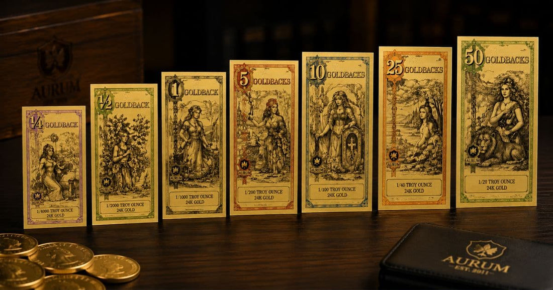 Goldback denominations including ¼, ½, 1, 5, 10, 25, and 50 Goldbacks arranged from smallest to largest.