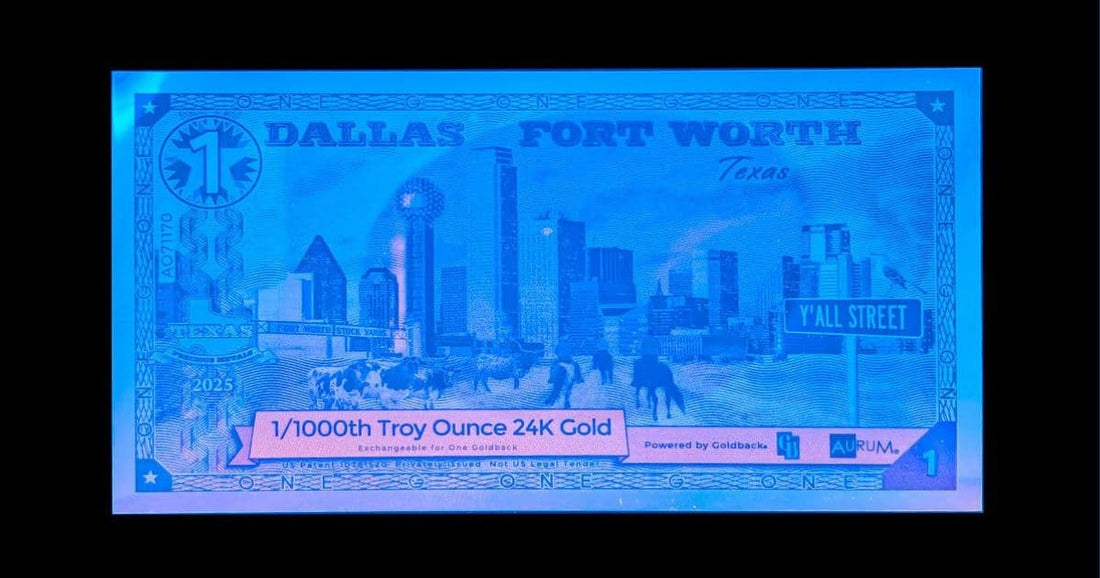 Dallas Fort Worth Black light lit Goldback on a black background