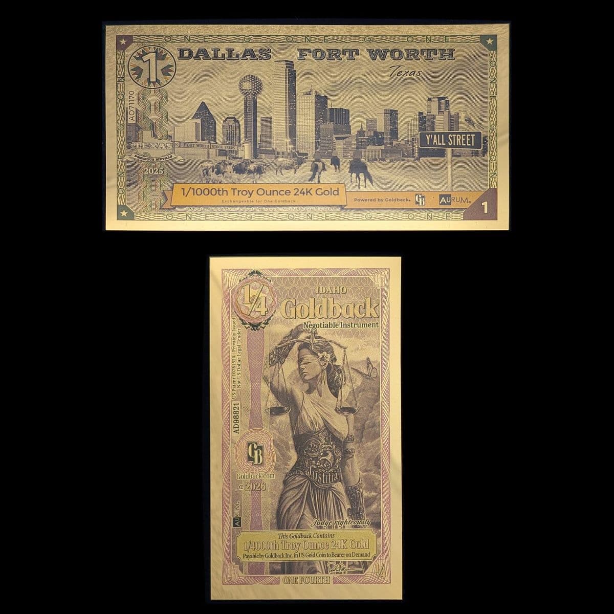 Texas and Idaho Goldback notes containing real 24K gold available from Friends of Vann.