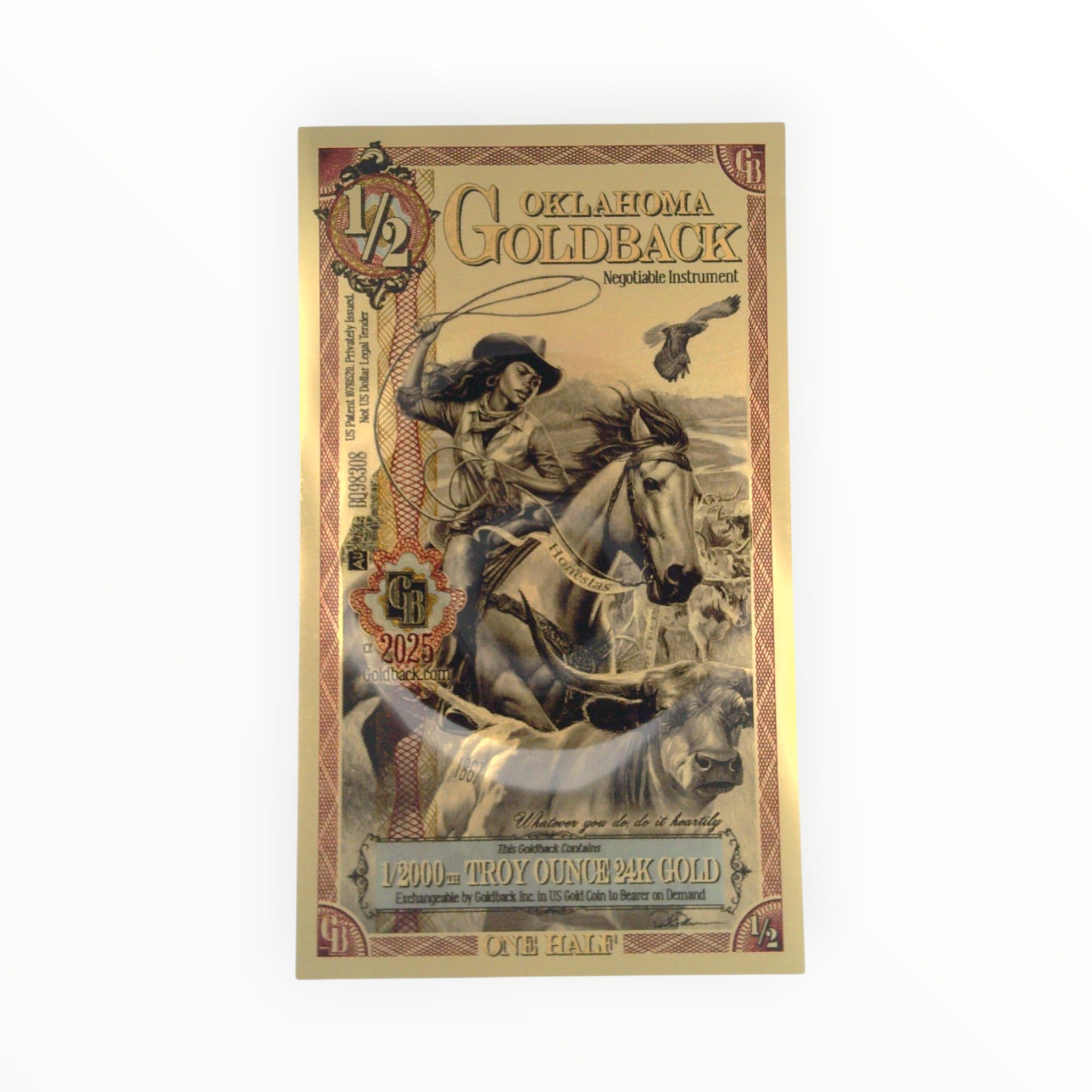 Front of a circulated 1/2 Alpha Oklahoma Goldback Note containing approximately 1/2000 troy ounce of 24K gold.