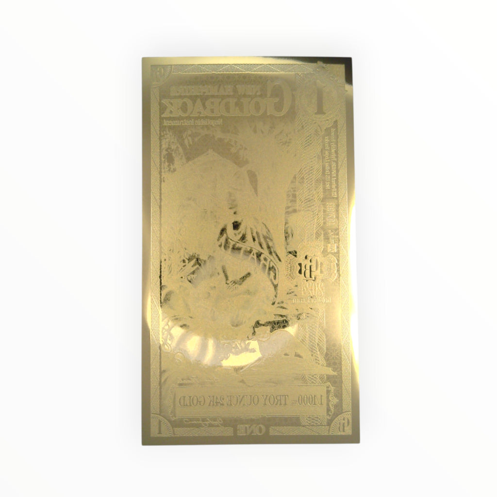 Back of a 1 New Hampshire Goldback showing the official reverse design and 24-karat gold foil construction.