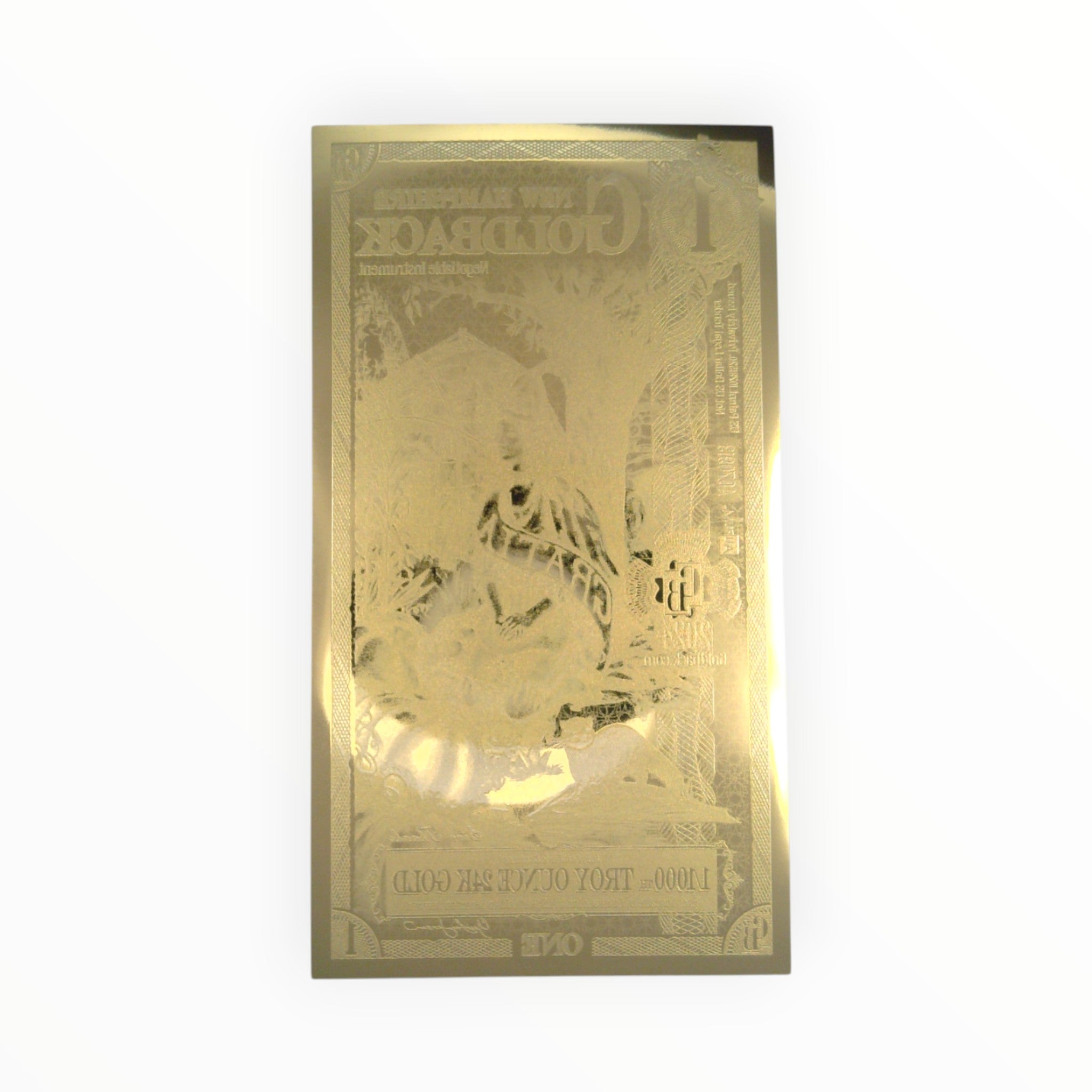 Back of a 1 New Hampshire Goldback showing the official reverse design and 24-karat gold foil construction.