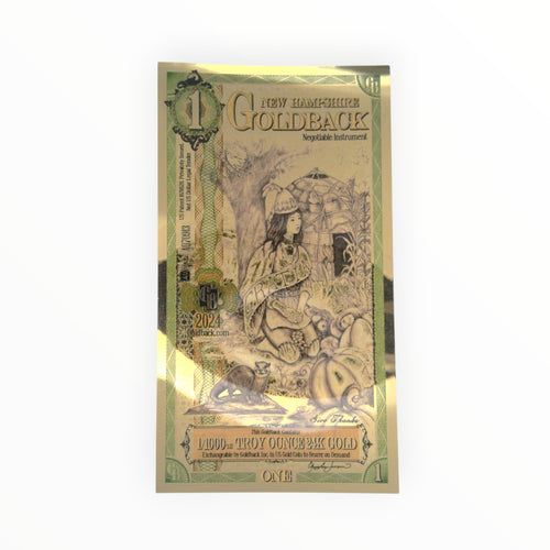 Front of a 1 New Hampshire Goldback containing 1/1000 troy ounce of .999 fine gold with New Hampshire-themed artwork.