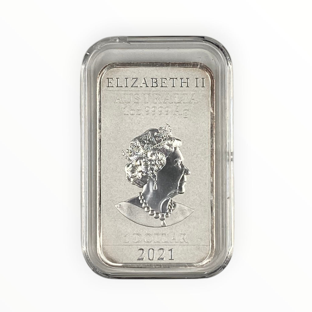 Obverse of the 1 oz Australia Silver Dragon Coin featuring Queen Elizabeth II, the coin's face value, weight, and .9999 fine silver purity.