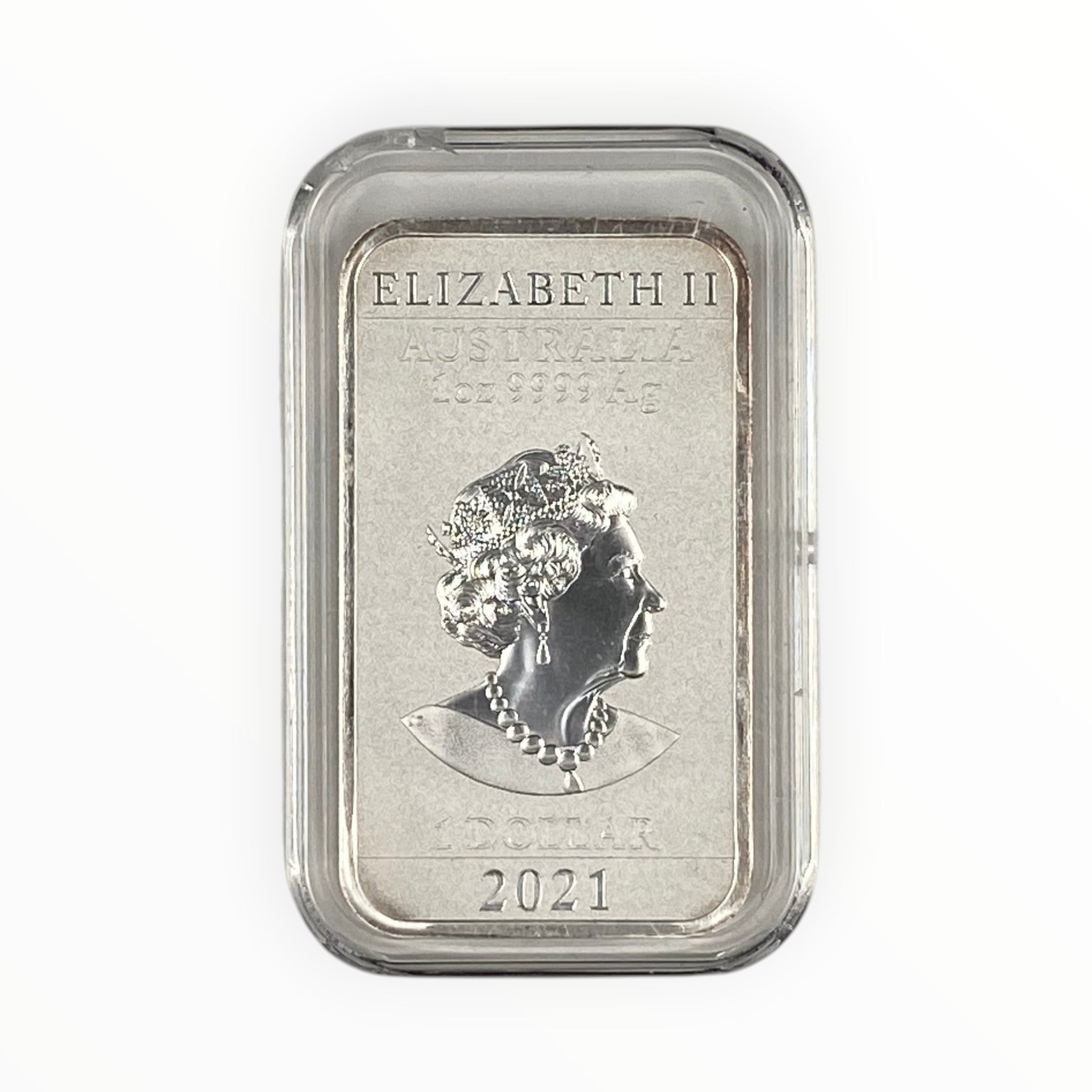Obverse of the 1 oz Australia Silver Dragon Coin featuring Queen Elizabeth II, the coin's face value, weight, and .9999 fine silver purity.