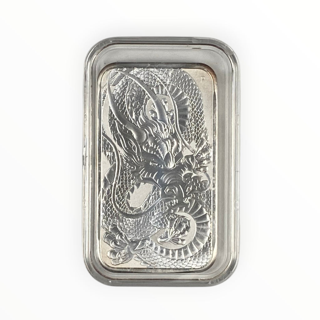 Reverse of the 1 oz Australia Silver Dragon Coin featuring a detailed Chinese dragon design struck in .9999 fine silver.