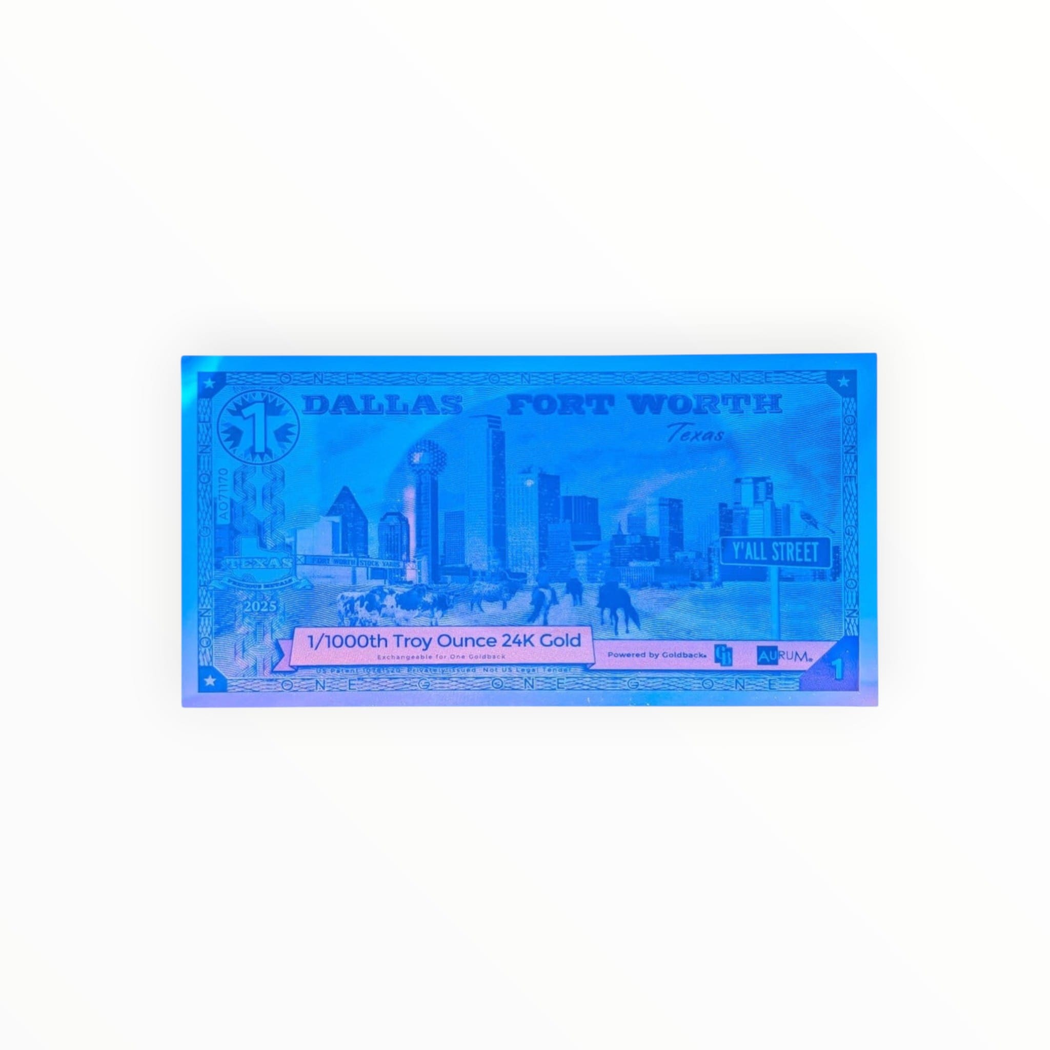 Blacklight on a Dallas Fort Worth 1 Goldback on a black cloth