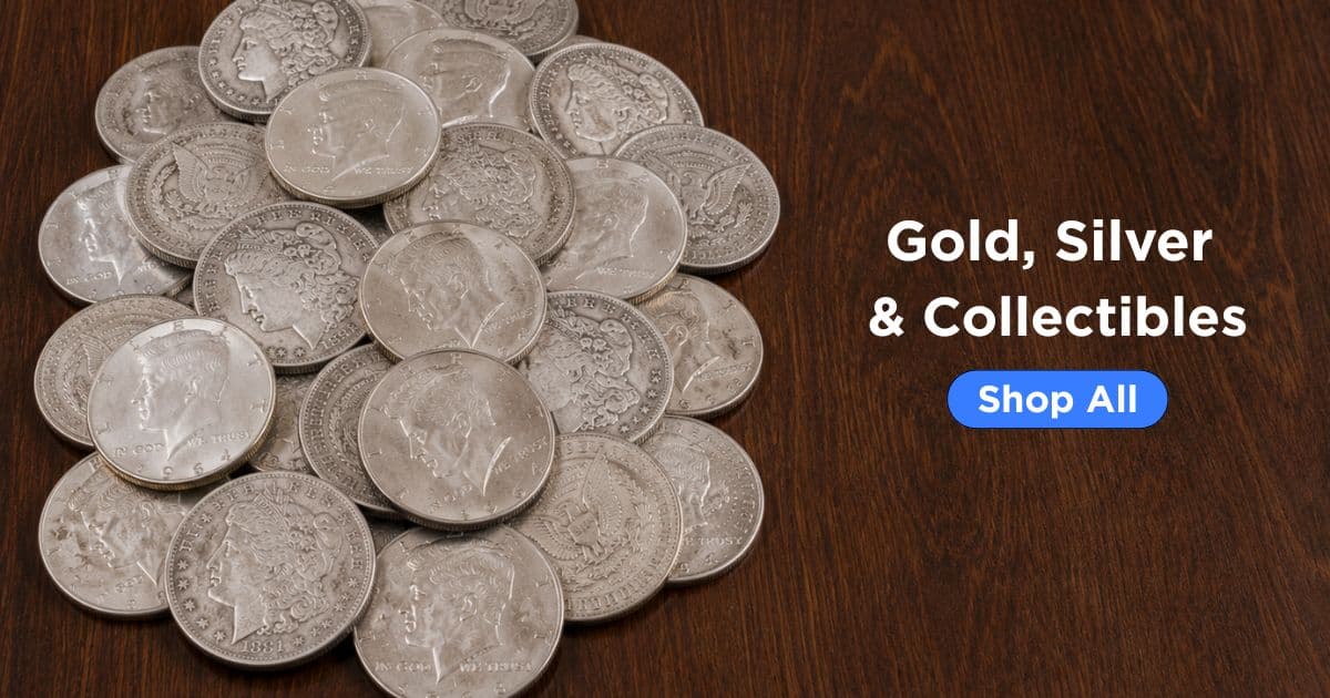 Collection of silver coins on a wooden surface with text 'Gold, Silver & Collectibles' and a 'Shop All' button.