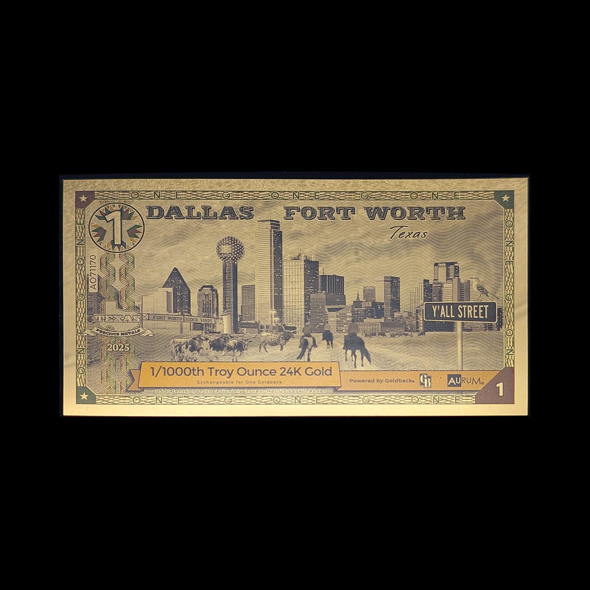 Dallas Fort Worth Texas Goldback on a black cloth