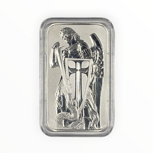 A silver-toned rectangular bar with rounded corners, sealed in a clear protective capsule. The front features a raised relief design of a winged figure holding a sword and a shield with a cross motif, set against a plain white background.